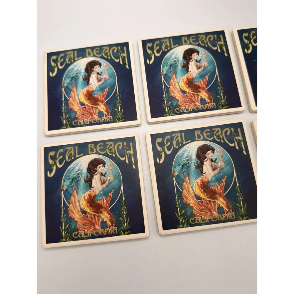 Seal Beach California Mermaid Ceramic Tile Coasters Set of 6 Cork Back Coastal